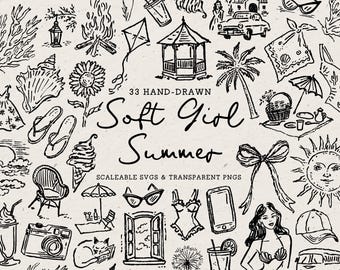 Hand Drawn Summertime Doodle Bundle, Whimsical Summer Line Art Illustrations (SVG & PNG Download)