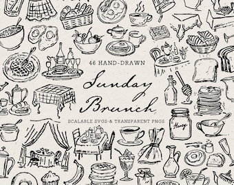 May include: A collection of 46 hand-drawn black and white illustrations depicting brunch items including waffles, pancakes, coffee, honey, and table settings with the text 46 HAND-DRAWN Sunday Brunch SCALABLE SVGS & TRANSPARENT PNGS.