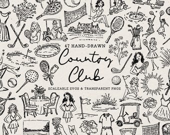 Hand Drawn Country Club Clipart, Golf Tennis Icons, Preppy Vintage Invite Illustrations (SVG PNG)