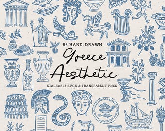 Hand Drawn Greece Doodle Bundle, Mediterranean Line Art Illustrations (SVG & PNG Download)