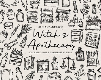May include: A collection of 36 black and white hand-drawn illustrations featuring apothecary items, including glass bottles, jars, herbs, scales, and furniture, with the text 36 HAND-DRAWN Witch's Apothecary SCALEABLE SVGS & TRANSPARENT PNGS.