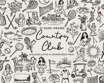 Hand Drawn Country Club Doodle Bundle, Wedding Line Art Illustrations (SVG & PNG Download)