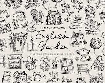 Hand Drawn English Garden Doodle Bundle, Botanical Line Art Illustrations (SVG & PNG Download)