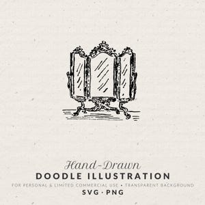 May include: A black and white hand-drawn illustration of a tri-fold vanity mirror with ornate, decorative frames and curved legs. The sketch features a central rectangular mirror flanked by two smaller, adjustable side panels on a flat surface.