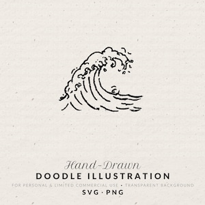 Puede incluir: Una ilustración de garabato dibujada a mano en negro de una ola oceánica rompiendo con líneas texturizadas. El texto a continuación dice: Hand-Drawn DOODLE ILLUSTRATION FOR PERSONAL & LIMITED COMMERCIAL USE • TRANSPARENT BACKGROUND SVG • PNG.