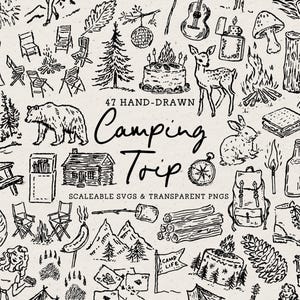 Hand Drawn Camping Trip Doodle Bundle, Summer Line Art Illustrations (SVG & PNG Download)