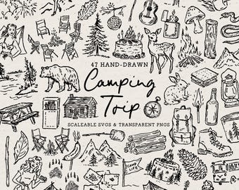 Hand Drawn Camping Trip Doodle Bundle, Summer Line Art Illustrations (SVG & PNG Download)
