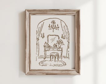 Vanity Art Print, The Dressing Room, Whimsical Coquette Wall Art, Hand Drawn Vintage Feminine Illustration, Glam Decor