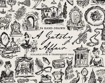 May include: A collection of black and white hand-drawn illustrations featuring 1920s-themed motifs including a vintage car, a jazz trumpet, flapper figures, ornate mirrors, jewelry, and architecture with the text 54 HAND-DRAWN A Gatsby Affair SCALABLE SVGS & TRANSPARENT PNGS.