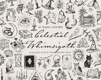 Celestial Whimsigoth Clipart: Hand-Drawn Moon, Tarot, and Crystal Doodles, SVG & PNG Art Illustrations