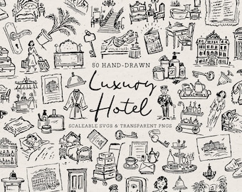Hand Drawn Fancy Hotel Doodle Bundle, Wedding Line Art Illustrations (SVG & PNG Download)
