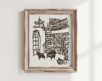 Home Library Art Print, The Library, Whimsical Vintage Wall Art, Hand Drawn Bookshelf Illustration, Dark Academia Decor