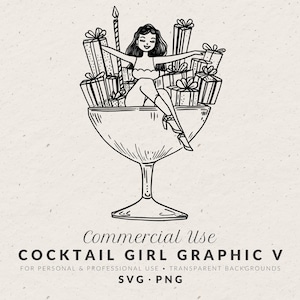Hand Drawn Woman in Martini Glass Illustration, Whimsical Birthday Girl Cocktail Doodle, Clip Art for BDay Party Invitation Template SVG PNG