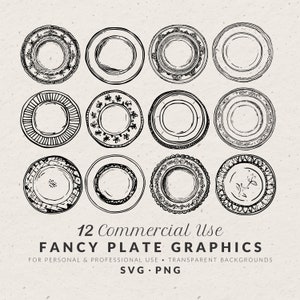 Conjunto de ilustrações de pratos elegantes desenhados à mão SVG PNG, rabiscos de porcelana fina vintage, ícones de casamento, clip art para convite de jantar de ensaio