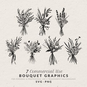 Hand Drawn Wedding Bouquet Illustration Bundle SVG PNG, Vintage Doodles, Whimsical Line Art Icons, Sketch Drawing Clip Art for Invitation