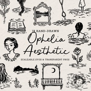 Hand Drawn Shakespeare Doodle Bundle, Ophelia Line Art Illustrations (SVG & PNG Clipart) image 1