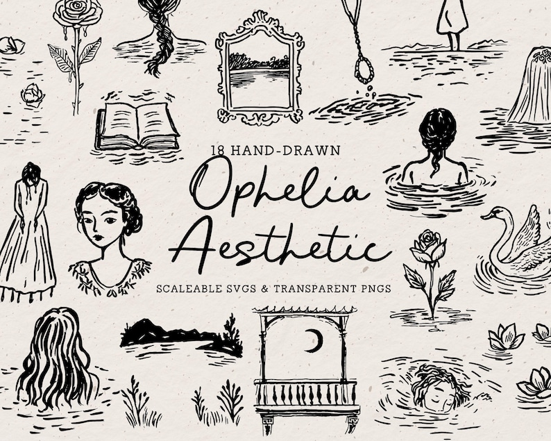 Hand Drawn Shakespeare Doodle Bundle, Ophelia Line Art Illustrations (SVG & PNG Clipart) image 1
