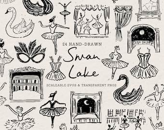 May include: A collection of 24 hand-drawn black ink illustrations on a light background featuring ballet dancers, swans, stage sets, and masks. The text reads 24 HAND-DRAWN Swan Lake SCALEABLE SVGS & TRANSPARENT PNGS in a black serif and script font.