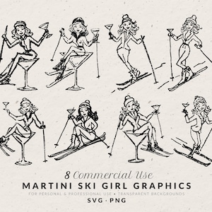 Martini Ski Girl Clipart, handgezeichnet Apres Ski Pinup Doodles, Retro Winter Sport Illustrationen, Urlaub Party Einladung Icons, SVG PNG