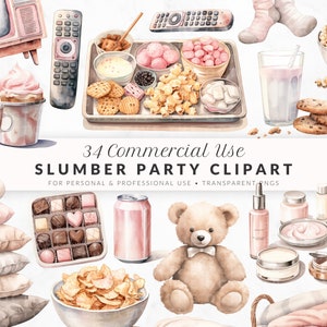 Aquarelle soirée pyjama clipart, PNG, clipart soirée pyjama, soirée cinéma Clip Art, lot de cliparts, usage commercial, planificateur de clipart, clipart