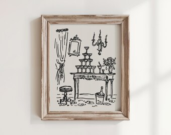 Champagne Tower Art Print, The Champagne Tower, Whimsical Bar Cart Wall Art, Hand Drawn Vintage Party Illustration