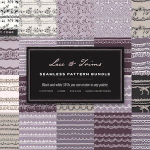 May include: A digital collection of seamless lace and trim patterns in various shades of purple, black, and white. The central black rectangular label features the text: Lace & Trims SEAMLESS PATTERN BUNDLE, Black and white SVGs you can recolor to any palette.