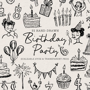 May include: A collection of hand-drawn black and white birthday party illustrations. Features cakes, candles, balloons, party hats, gifts, and the words "Birthday Party". Scalable SVGs and transparent PNGs.