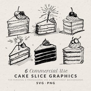 May include: Black and white line art of six cake slices. Some slices have cherries, frosting, or candles. The text "6 Commercial Use CAKE SLICE GRAPHICS" is at the bottom, along with "SVG PNG".