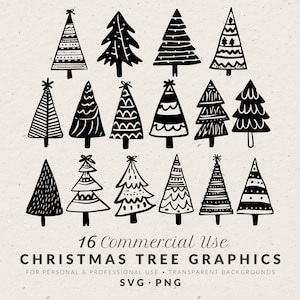 Dessiné à la main vintage arbre de Noël Illustration SVG PNG, icônes de vacances d'hiver, doodles lunatique sapin à feuilles persistantes, ligne clipart pour faire-part