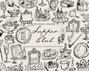 May include: A collection of 56 hand-drawn black and white illustrations featuring dining and supper club themes, including plates, silverware, wine bottles, glasses, food dishes, and candles, with the text "56 HAND-DRAWN Supper Club SCALABLE SVGS & TRANSPARENT PNGS".