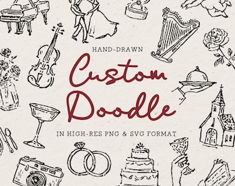 Custom Doodle Illustration Services in a Hand-Drawn Vintage Style - Personalized Wedding Clipart and Icons