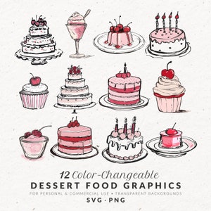Hand Drawn Dessert Illustrations SVG PNG, Color Wedding Food Icons, Whimsical Doodles, Commercial Use Vintage Clip Art, Clipart