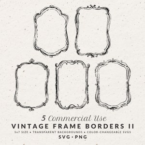 Conjunto de ilustrações de bordas vintage desenhadas à mão SVG PNG, tamanho 5x7, clipart vetorial de moldura barroca com rabiscos caprichosos para convites de casamento