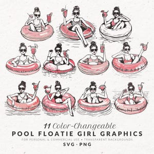 Puede incluir: Gráfico digital con once ilustraciones de mujeres en trajes de baño en flotadores rosas, cada una con una bebida. El texto "11 Color-Changeable Pool Float Girl Graphics" se muestra debajo, junto con información sobre el tipo de archivo.