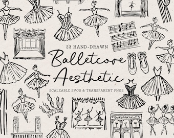 Hand Drawn Ballet Doodle Bundle, Dance Line Art Illustrations (SVG & PNG Clipart)