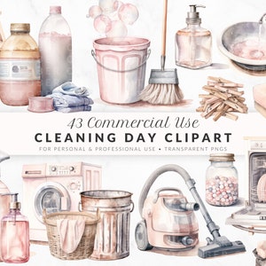 Watercolor Cleaning Supplies Clipart PNG, Spring Cleaning Clipart, Watercolor Clipart Bundle, Commercial Use Clipart, Planner Clipart