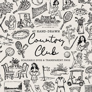 Peut inclure: Illustration dessinée à la main sur le thème du country club. L'image présente des raquettes de tennis, des clubs de golf, des balles de golf, des femmes, des voiturettes de golf et le texte "Country Club". Le design comprend des SVG évolutifs et des PNG transparents.