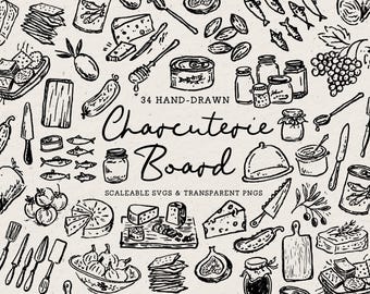 Hand Drawn Charcuterie Board Doodle Bundle, Food Line Art Illustrations (SVG & PNG Download)