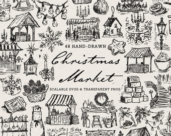 Christmas Market Clipart: Hand-Drawn Winter Stall and Lantern Doodles, SVG & PNG Art Illustrations