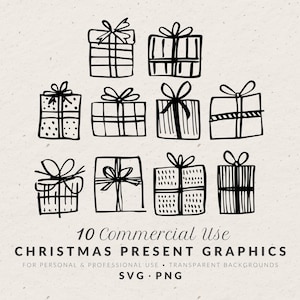 Peut inclure: Dix graphiques de cadeaux de Noël noirs et blancs dessinés à la main. Chaque boîte cadeau présente un design unique avec différents motifs et détails de ruban. L'image comprend le texte "10 Commercial Use CHRISTMAS PRESENT GRAPHICS".