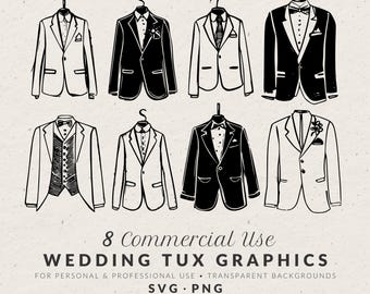 May include: Line art illustration of eight different tuxedo jackets on hangers. The jackets are in black and white, with varying styles including bow ties, vests, and lapel details. Text at the bottom reads "8 Commercial Use WEDDING TUX GRAPHICS".
