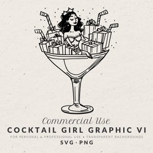 Handgetekende vrouw in martiniglas illustratie, verjaardag meisje prinses cocktail doodle, illustraties voor verjaardagsfeestje uitnodiging sjabloon SVG, PNG
