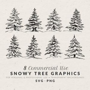 Handgezeichnete Vintage verschneite Bäume Illustrationen SVG PNG, Winter Urlaub Icons, immergrüne Tannen Schnee Doodles, Line Art für Einladungen