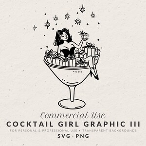 Hand Drawn Woman in Martini Glass Illustration, Whimsical Cocktail Pin-Up Girl Doodle, Art for Christmas Holiday Party Invitation Template