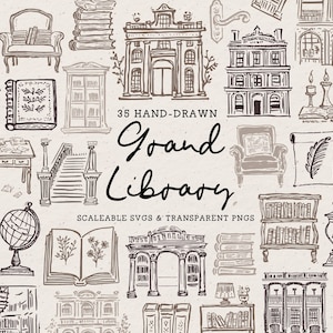 Hand Drawn Grand Library Doodle Bundle, Book Line Art Illustrations (SVG & PNG Download) image 1