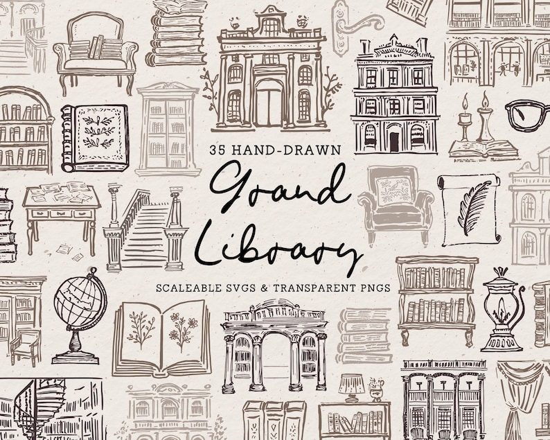 Hand Drawn Grand Library Doodle Bundle, Book Line Art Illustrations (SVG & PNG Download) image 1