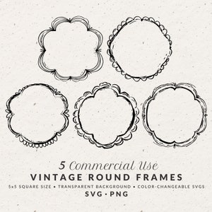 Conjunto de ilustrações vintage com bordas redondas desenhadas à mão SVG PNG, tamanho 5x5, clipart de moldura circular com rabiscos caprichosos para convites de casamento