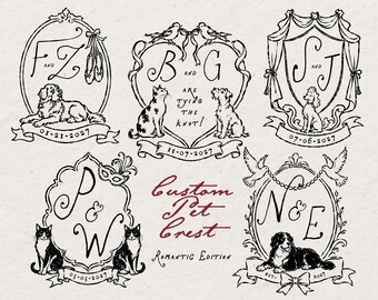 May include: A collection of five black and white ink illustrations featuring pet crests with initials, dates, and animals including dogs and cats. The text reads Custom Pet Crest Romantic Edition, with various dates like 01-21-2027 and 11-07-2027.