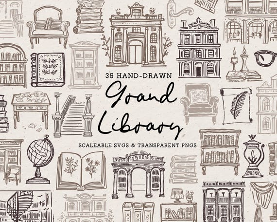 Old Library Clipart, Hand Drawn Doodle Illustration Bundle, Whimsical Enchanted Library Icons, SVG PNG Line Art, Vintage Books, Globe, Tea
