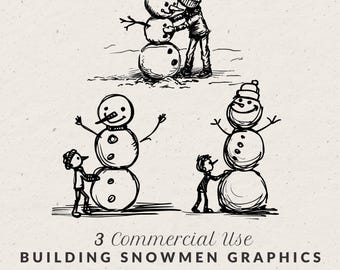 Hand Drawn Snowman Illustrations, Whimsical Winter Doodle Line Art Bundle (SVG & PNG Clipart)